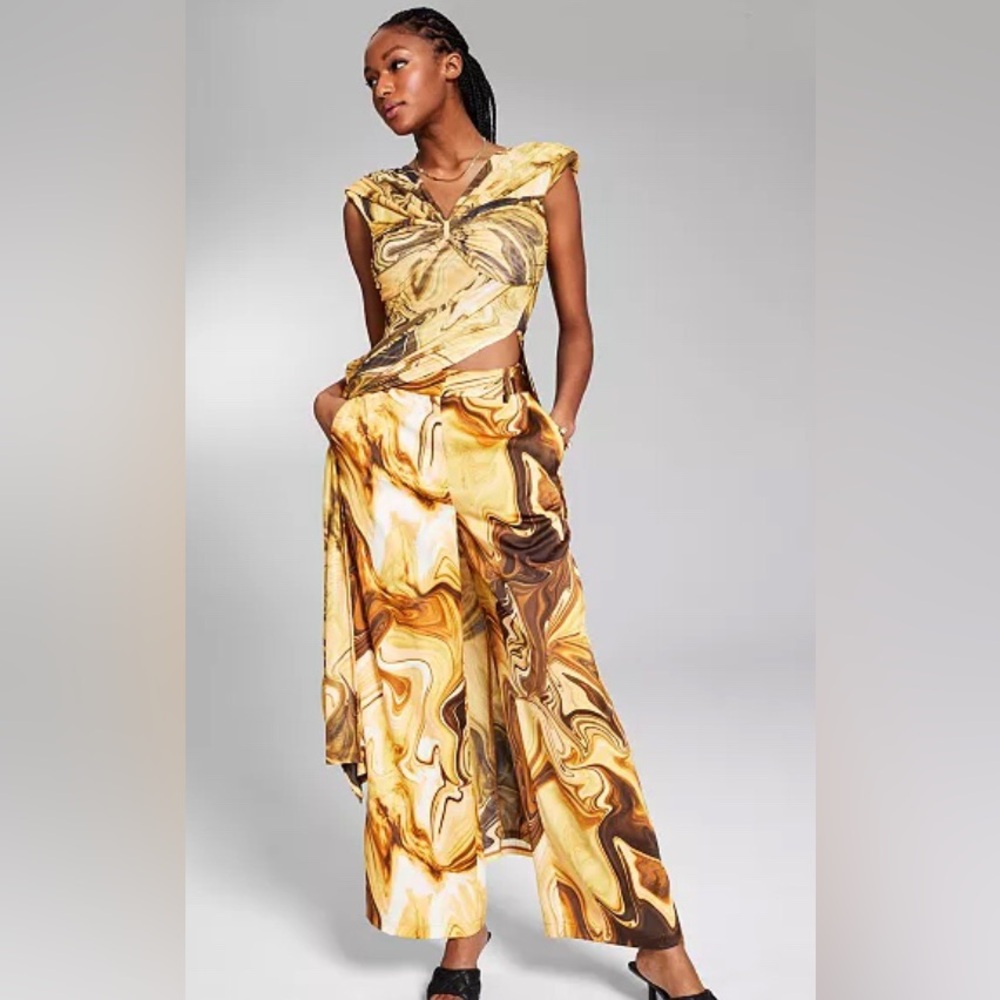 JEANNIE MAI X I.N.C. 2pc Pants Set Marbled Long Tunic with Wide Leg Pants L